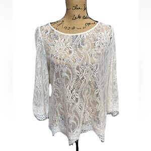 Forever 21 Y2K Ivory Sheer Lace 3/4 Sleeve Blouse Women's Lrg Ethereal Artsy
